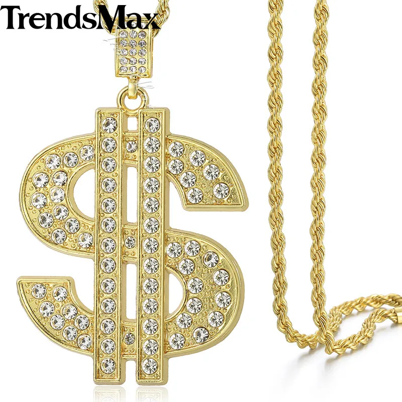 Trendsmax, США, доллар США, деньги, подвеска, ожерелье для женщин и мужчин, цепочка в стиле хип-хоп, золотой цвет, со льдом, проложенные Стразы KGPM08