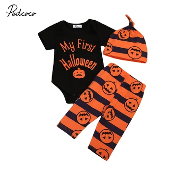 

3PCS Set My First Halloween Newborn Baby Boy Girl Clothes Short Sleeve Cotton Romper Tops Long Pant Hat Outfits Kids Clothing