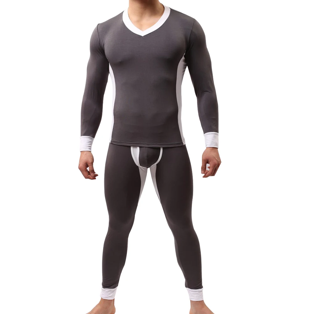 Winter Men Ultra Soft Color Block Thermal Underwear Set Top T-Shirt + Long Pants | Мужская одежда