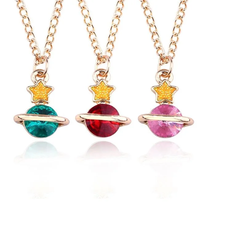 

Lovely Cartoon Crystal Planet Star Pendant Necklaces Enamel Alloy Metal Chain Rhinestone Choker Necklace Women Fashion Jewelry