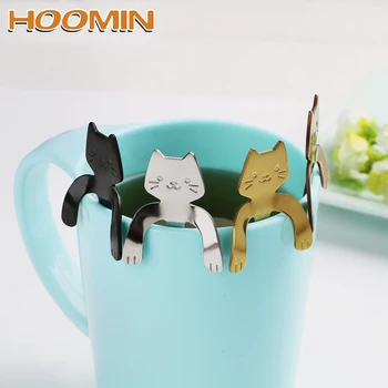 

HOOMIN Mini Stainless Steel Cute Cat Teaspoons Tableware for Bar Party Tea Coffee Spoon Drinking Tools Ice Cream Dessert Spoons