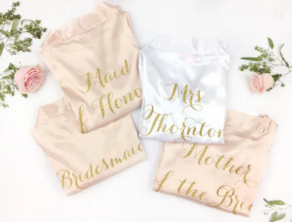 

personalized glitter wedding Bridesmaid bride satin pajamas robes maid of honor Bachelorette kimonos gowns gifts party favors