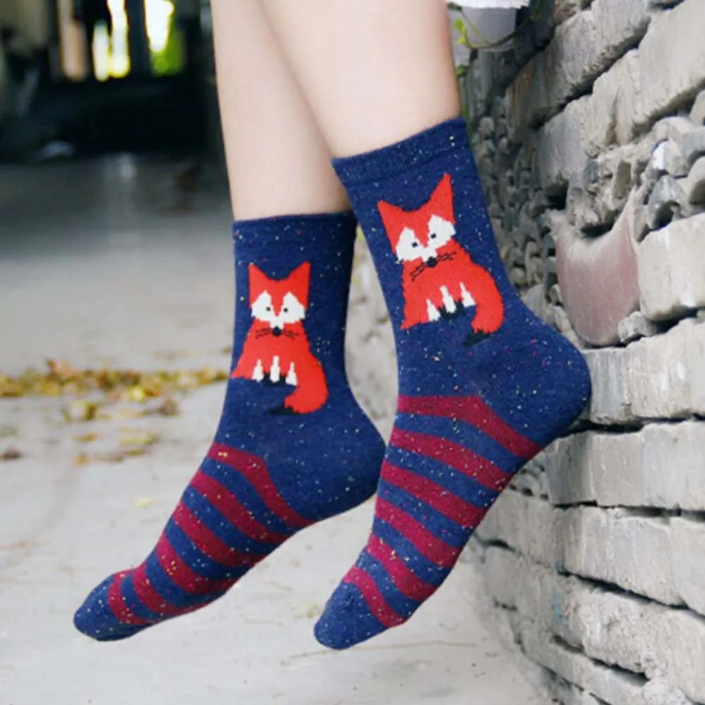 Разные цвета! Толстые шерстяные хлопковые носки для женщин и девочек зимние носки Harajuku с изображением лисы и волка в полоску Sox брендовые милые рождественские носки