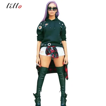 

Autumn and winter sexy belt corn sweatshirt stitching long sleeved hat fashion casual urban street wild style metal hollow