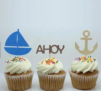 

glitter Ahoy It's A Boy Nautical Themed birthday cupcake toppers baptism Christening party decoration doughnut food treats picks