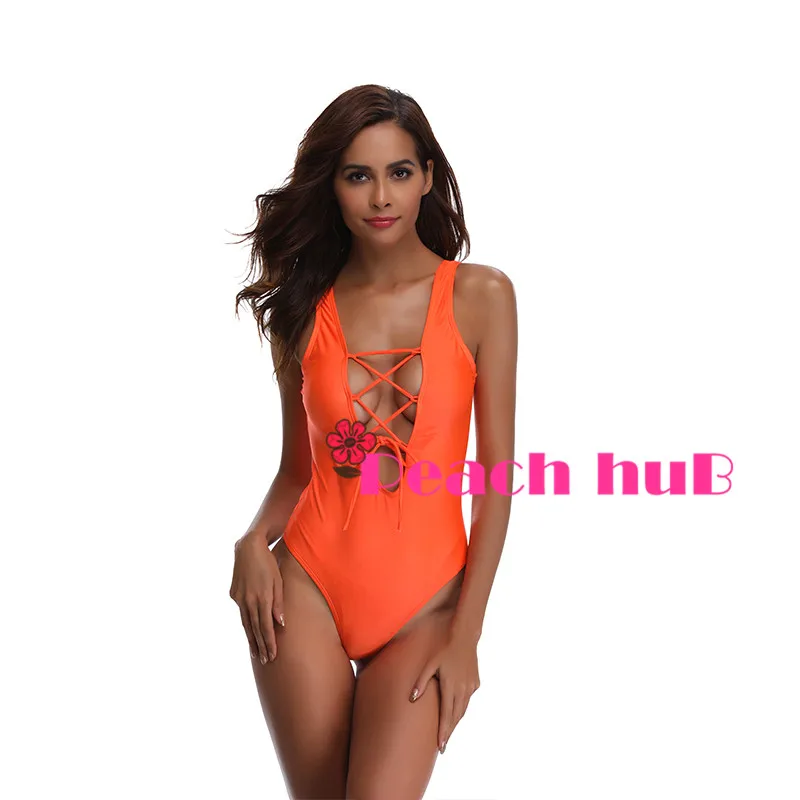Swimsuit 2019 Orange Sexy Bandage Vintage One Piece Swimsuit Women Cut out Monokini Swim Suits Swimwear Women (10)