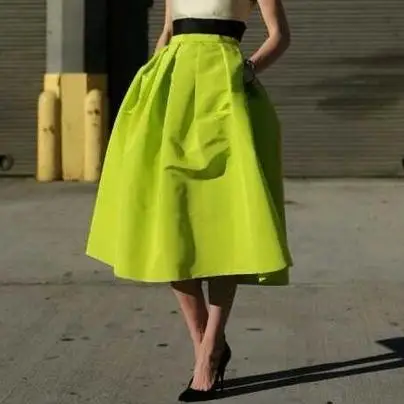 

Europe and America Retro high waist Fluorescent yellow-green Black Long section Ankle Puff bust umbrella skirt