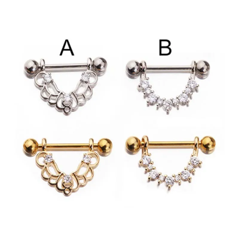 1pc Zircon Hollow Out Leaf Surgical Steel Nipple Ring Shields Bar Navel