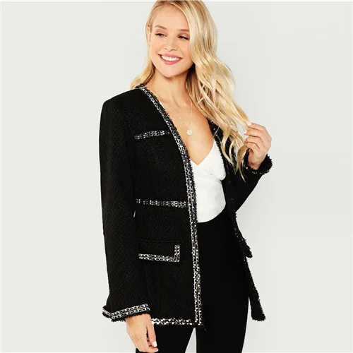 Sheinside, осенняя Женская куртка, открытая спереди, пальто, повседневная одежда, пальто и куртки, женская верхняя одежда,, длинный рукав, черная куртка - Цвет: Черный