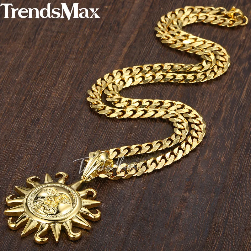 Sun Pendant Necklace for Men Gold Tone 316l Stainless Steel Chain Mens Jewelry Gift,Gold Color,24inch 60cm