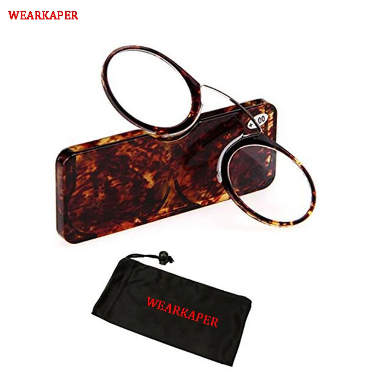 

WEARKAPER Portable Clip nose Wallet Reading Glasses with Case leopard mini presbyopic glasses Credit Card Size Emergency Glass