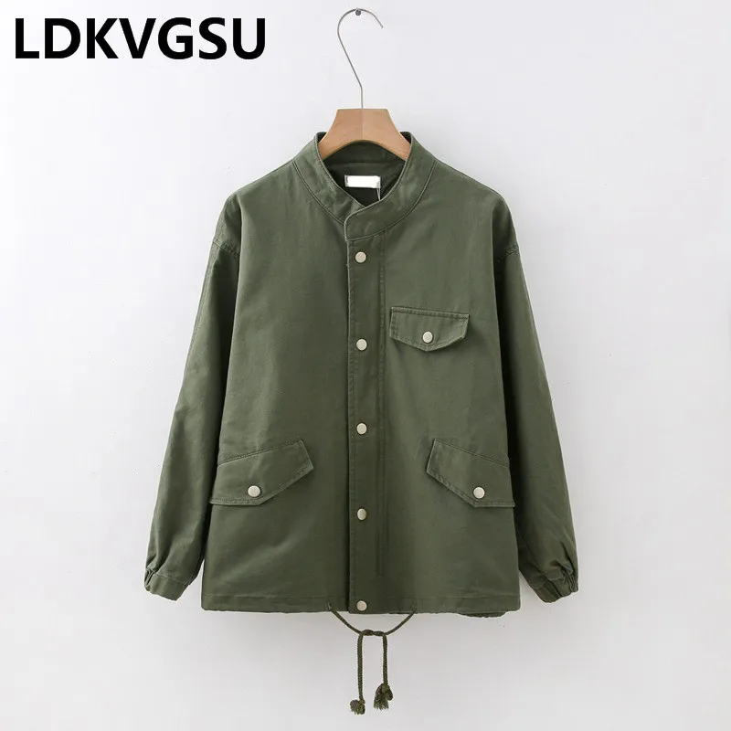 

2019 Spring Autumn New Women Windbreaker Large Size Standing Collar Long Sleeve Safari Style Short Trench Coat Female Is266
