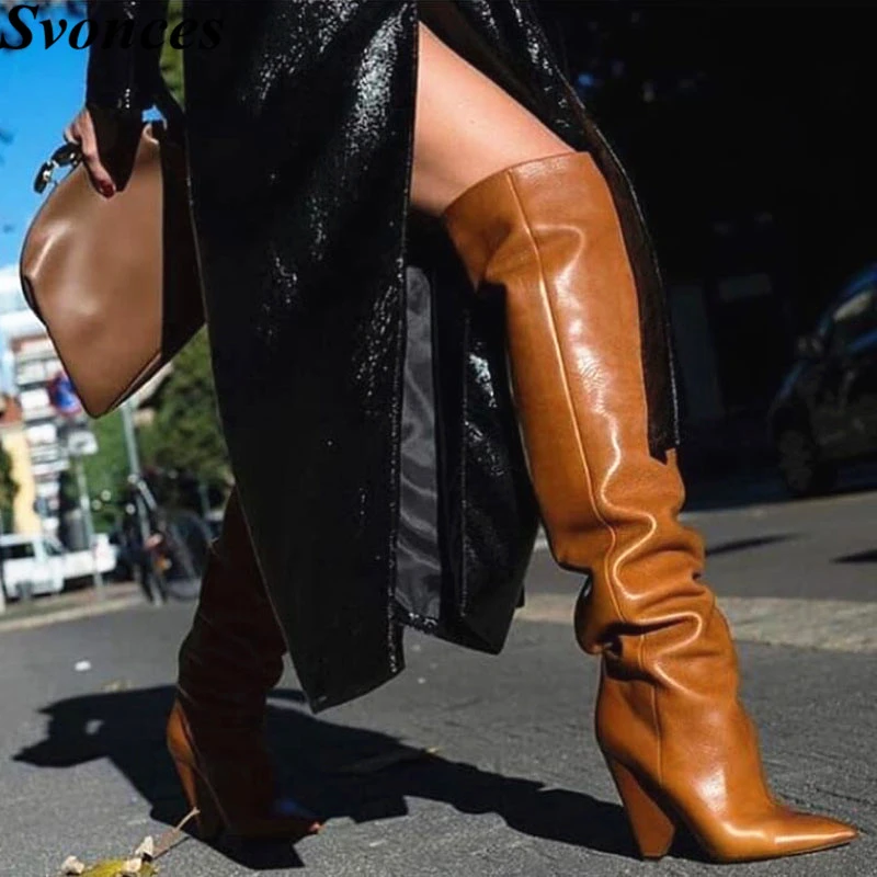 Brown Leather Winter Popular Motocycle Booties Women Boots Pleated Chunky Heel Knee High Boots Party Sexy Lady Boots Wide Calf Knee High Boots Aliexpress