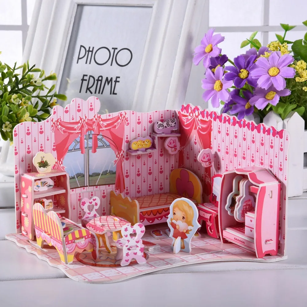3D DIY кукла для спальни дома Бумага Puzzle игрушки розовый сладкий головоломки детей