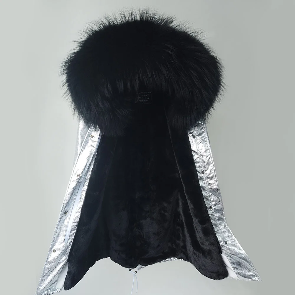 Новая модная куртка Серебряное женское пальто Парка с воротником из натурального меха енота Превосходное качество Горячая - Цвет: long 2