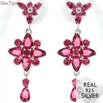 

SheType 6.8g Pretty Pink Raspberry Rhodolite Garnet Mother'sDay Gift 925 Solid Sterling Silver Earrings 39x15mm