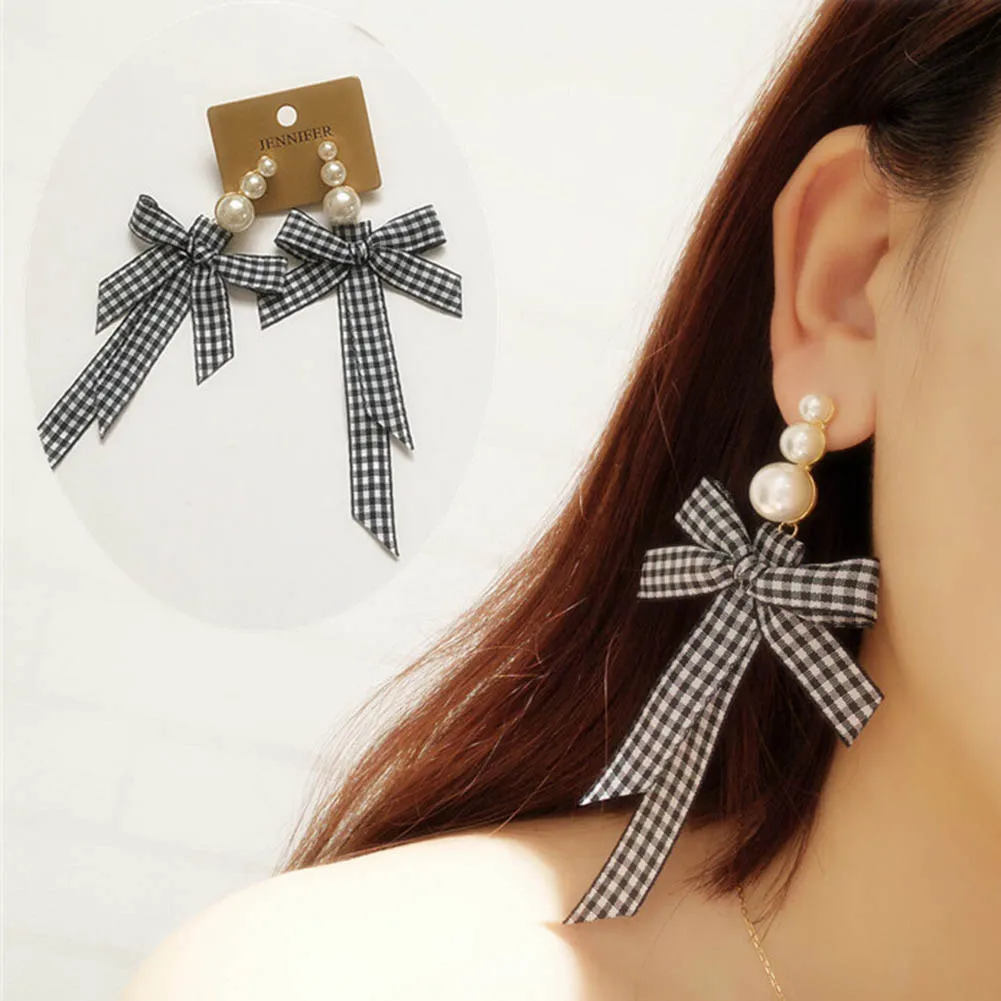 

Fashion Jewelry Lattice Cloth Ribbon Bow Earrings Personality Imitation Pearls Charm Statement Earring Boucles D'Oreille Gift