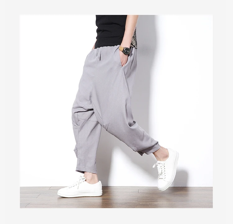 

PADEGAO Chinese Style Linen men's harem pants Loose Drawstring Baggy Ankle-length Cross-Pants Mens Harem Bohemia linen Pants 5xl