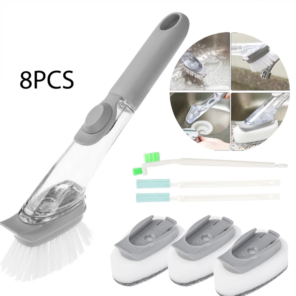 

8PCS Kitchen Cleaning Brush Scrubber Washing Dish Bowl With Refill Liquid Soap Dispenser dish sponge Kitchen Pot Cleaner Tools