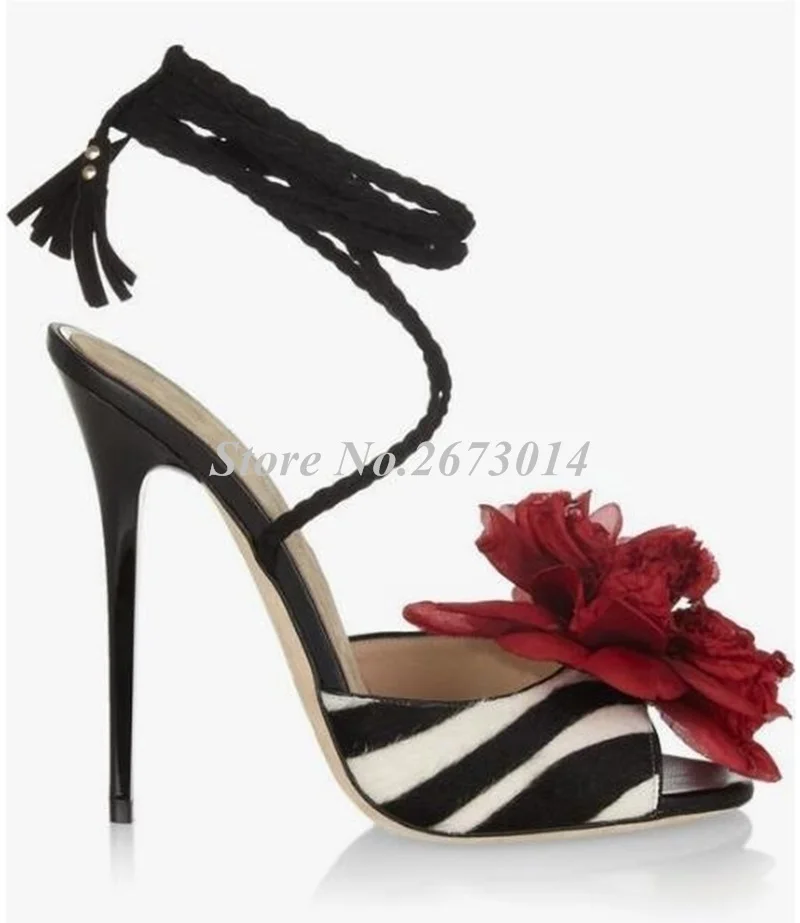 

Sexy Black White Strpied Flower Sandals Peep Toe Thin High Heeled Ankle Strap Platform Lady Dress Shoe High Quality Summer Shoes