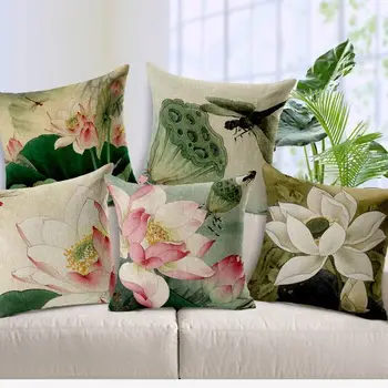 

Chinese style Lotus Linen Cushion Cover Ink Painting Retro Square Sofa decorative Pillow case Car seat back cushions 45*45cm