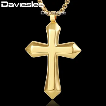

Davieslee Polished Cross Pendant Necklace Boys Mens Chain Round Box Link Stainless Steel Gold Silver Color DKPM130