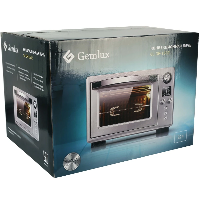 Мини-печь GEMLUX GL-OR-1632 (мощность 1600 Вт, объем 32 л, электронное управление, корпус из нержавеющей стали)