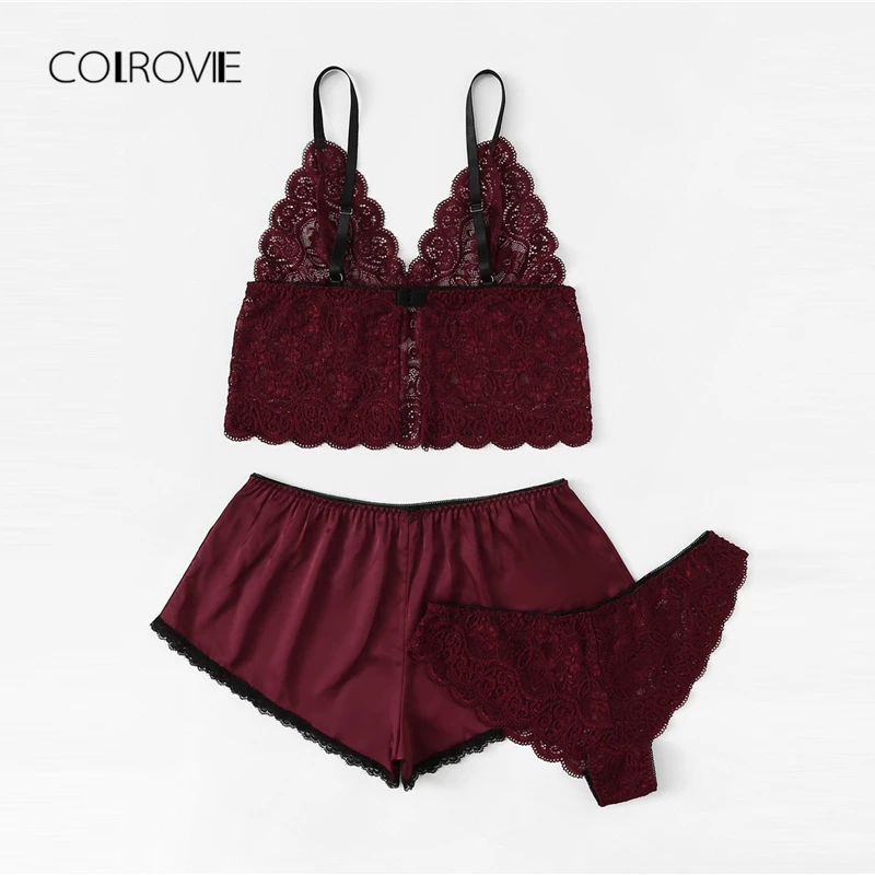 COLROVIE Army Green Sexy Floral Lace Cami Lingerie Set Burgundy Women Bra And Brief Sets Wireless Sexy Underwear Bra Set