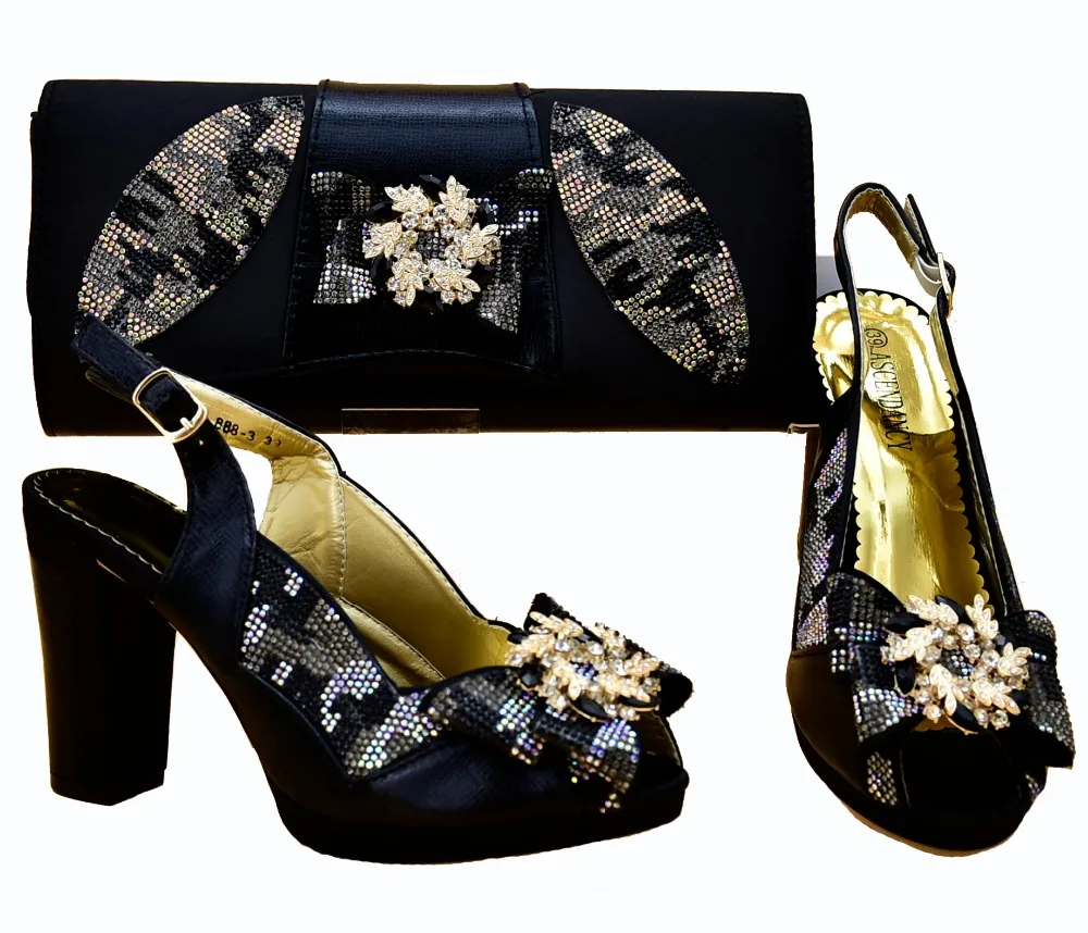 2018 newest fashion design sandal shoes and clutches bag matching set black italian shoes and bag for african aso ebi SB8264-1