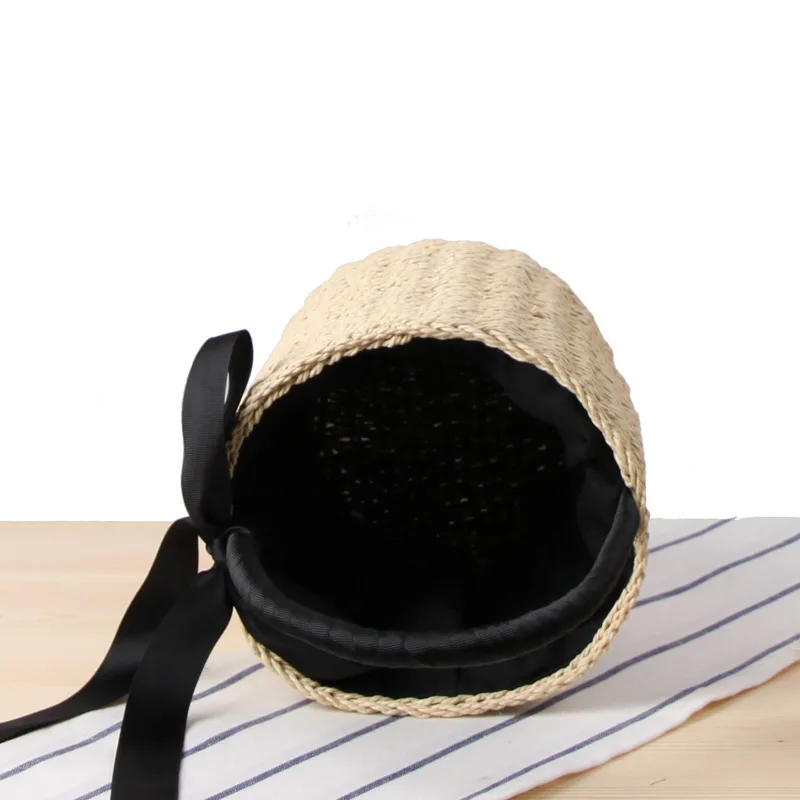 Women Handbag Summer Beach Female Ribbon Straw Bags Lady Vintage Drawstring INS Popular Basket Casual Weave Travel Tote SS3100 (1)