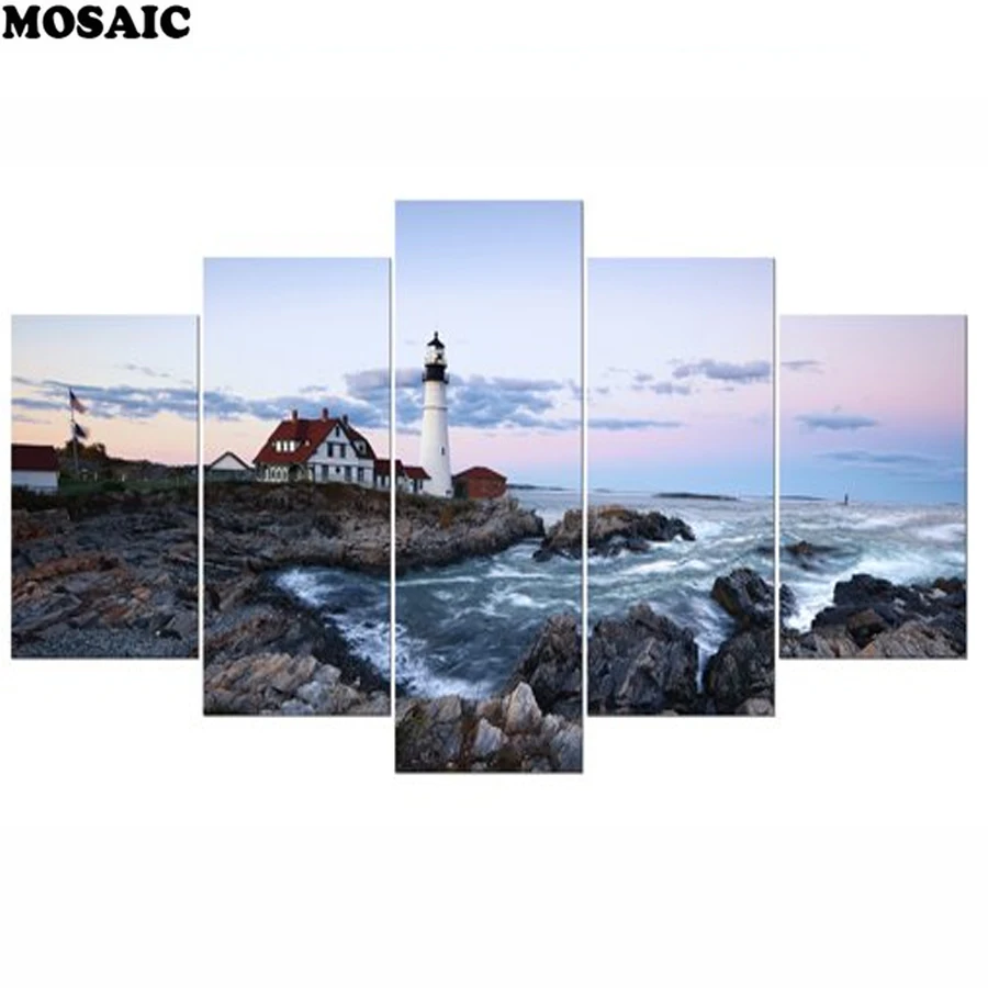 

Home Decor Wall Art Diy diamond painting cross stitch 5 Pieces Lighthouse Wave Seascape,5d diamond mosaic embroidery crafts gift