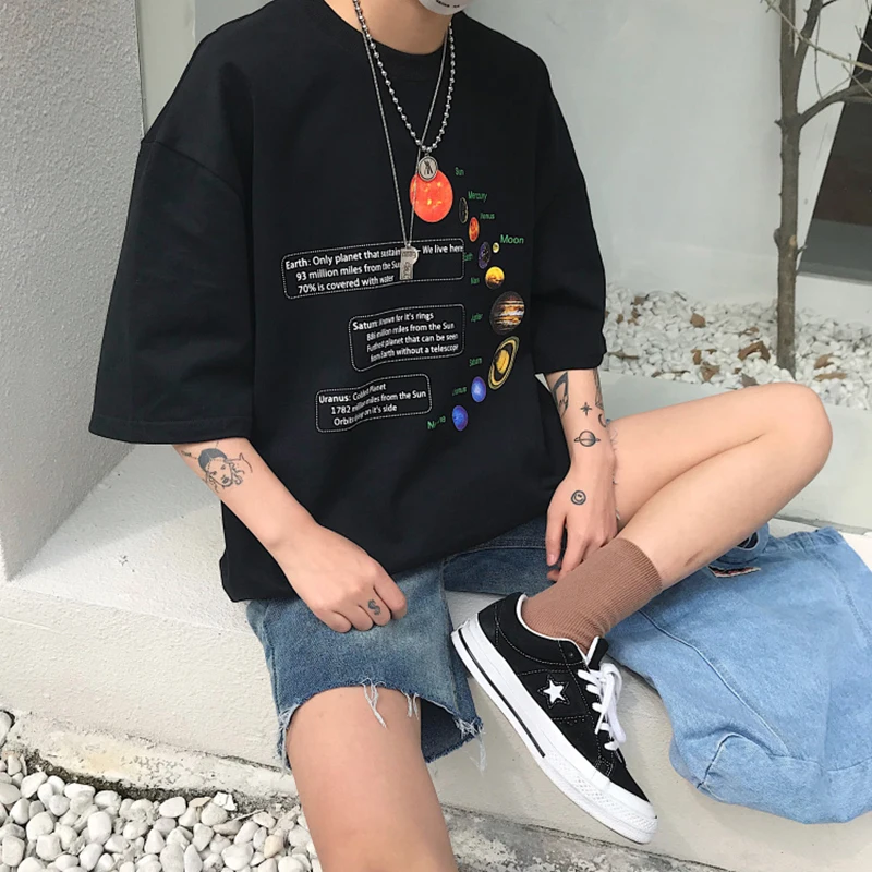 Новинка 2019 летняя свободная черная футболка Ulzzang Harajuku в Корейском стиле с принтом