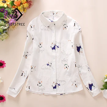 

2019 NEW White Shirt Office Lady Wear Button Up Turn Down Collar Cotton Blouse With Pocket Print Bees Dog Cactus FemininaT8D401M