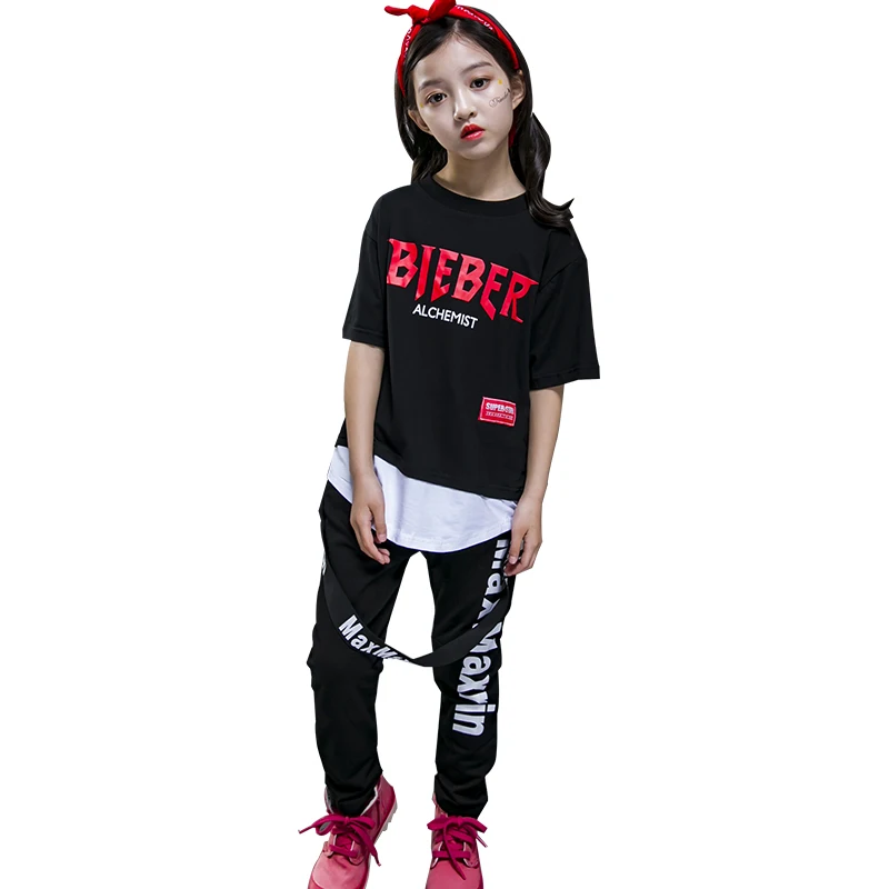 

Summer Letter short sleeve fake double T-shirt+long pants/set girls boys hip hop street dance jazz costumes children