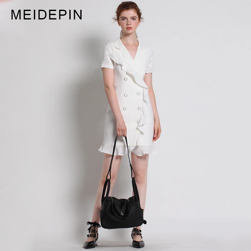 Fashion Women Workwear Summer Mini Straight Dresses Short Sleeve Double