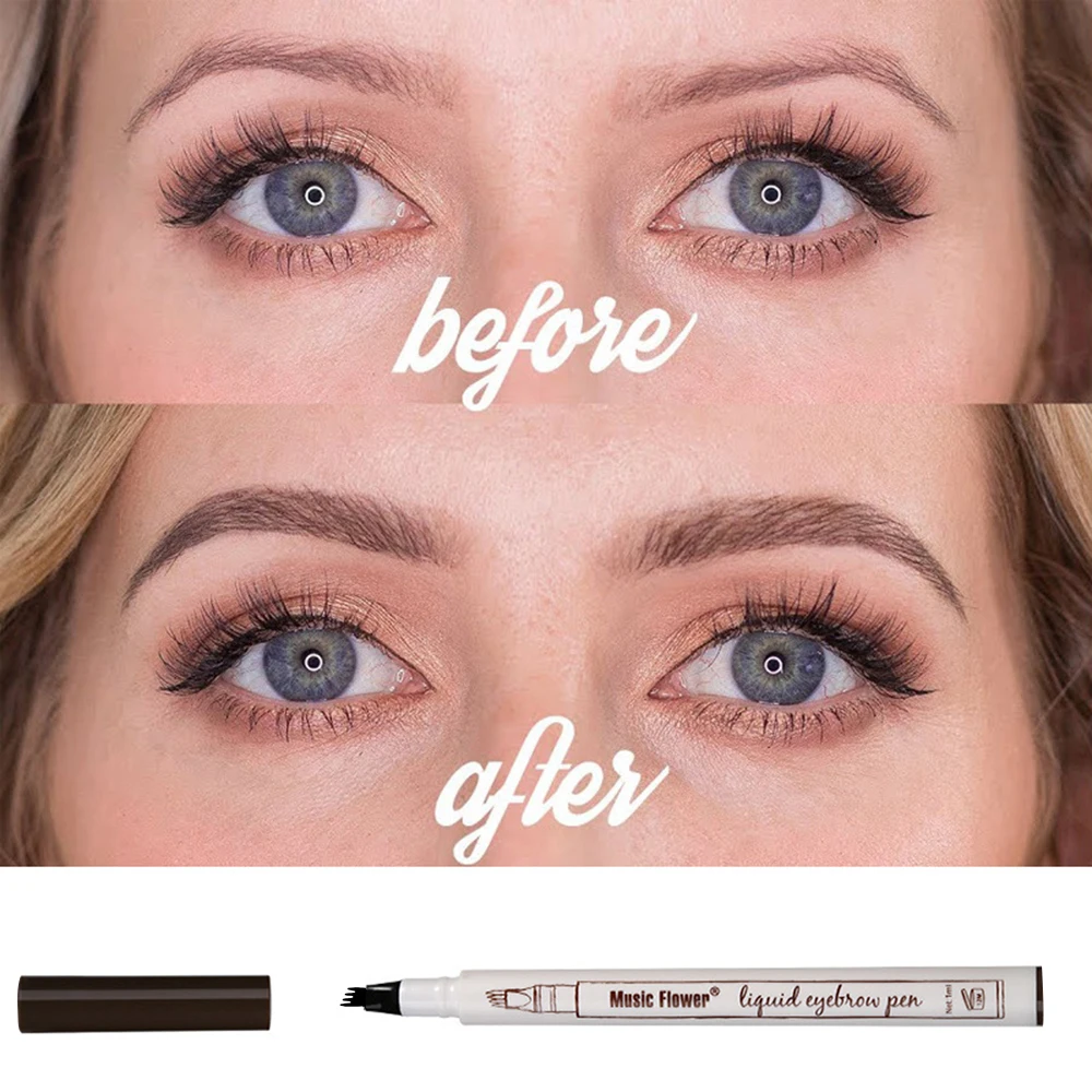 

Music Flower 1PC Beauty Makeup 4 Head Tattoo Tint Long-lasting Eye Brow Pencil Fork Tip Eyebrow Pen Waterproof Eyebrow Pencil