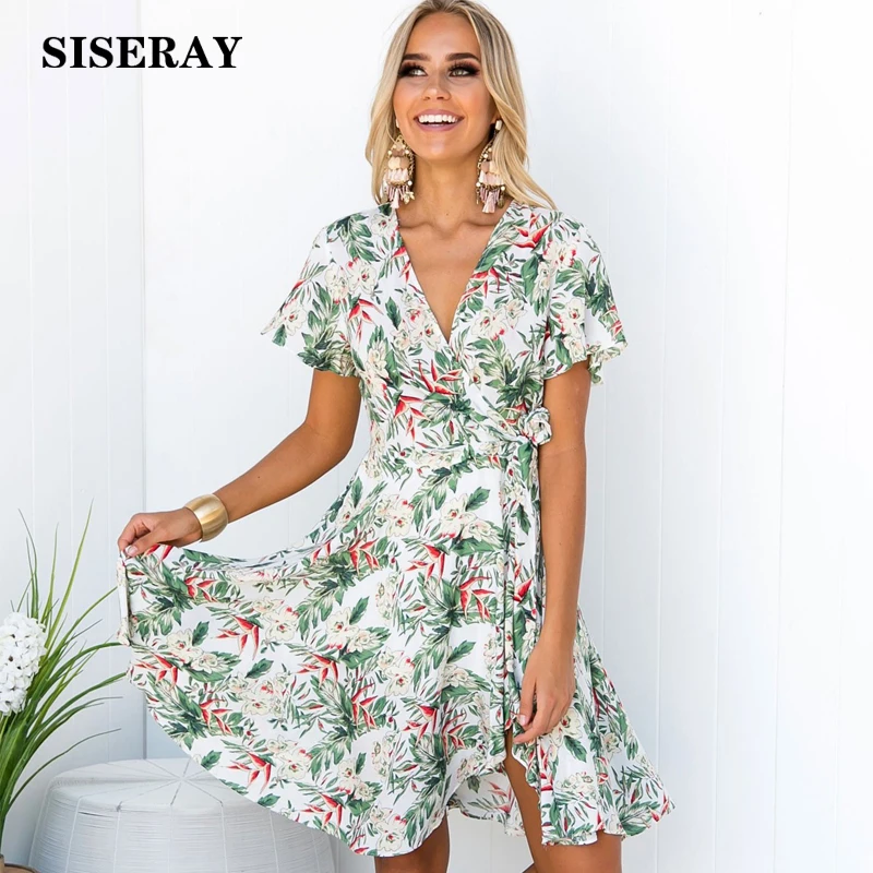 

Summer 2019 V Neck Print Dress Elegant Women Midi Wrap Dress Green Leaf Tropical One Piece Dress Femme Robe