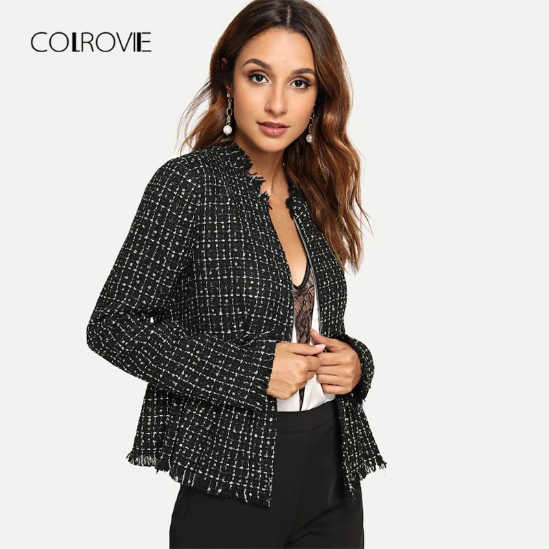 COLROVIE Black Solid Zip Up Elegant Tweed Peplum Plaid Basic Jacket Women 2018 Autumn Female Coats Women Office Lady Outwear COLROVIE Black Solid Zip Up Elegant Tweed Peplum Plaid Basic Jacket Women 2018 Autumn Female Coats Women Office Lady Outwear