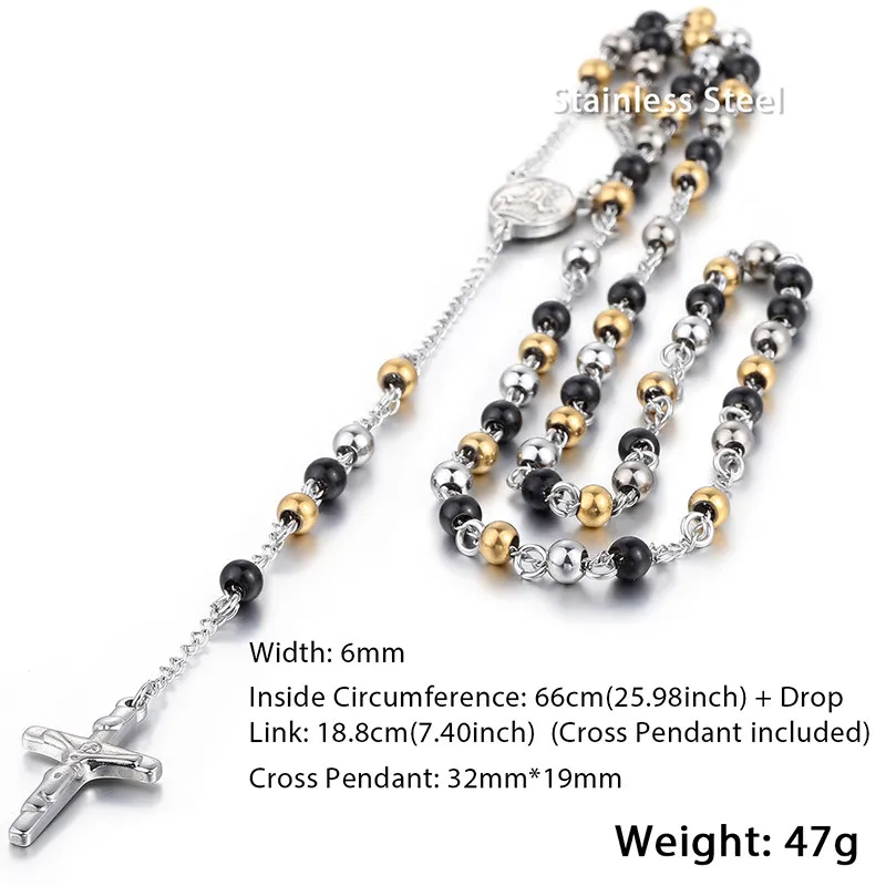 Trendsmax Мужская цепочка из нержавеющей стали бусина цепочка Розарий Иисус Христос крест кулон длинное ожерелье KN375-KN383 - Окраска металла: KN379