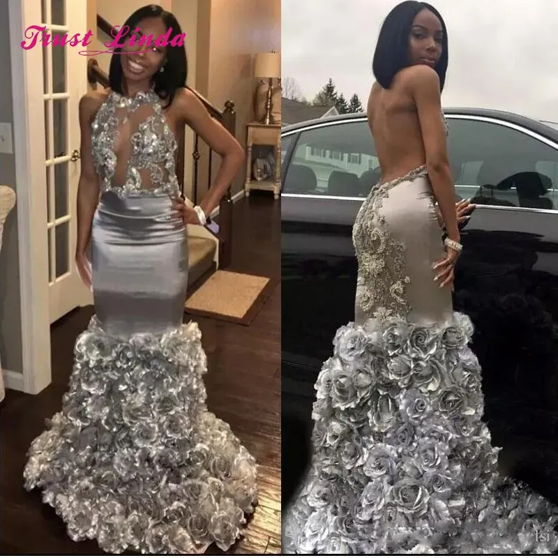 

African Prom Dresses 2018 Backless Halter Top Mermaid Appliques Black Girl Dress For Wedding Party Woman Dresses For Party