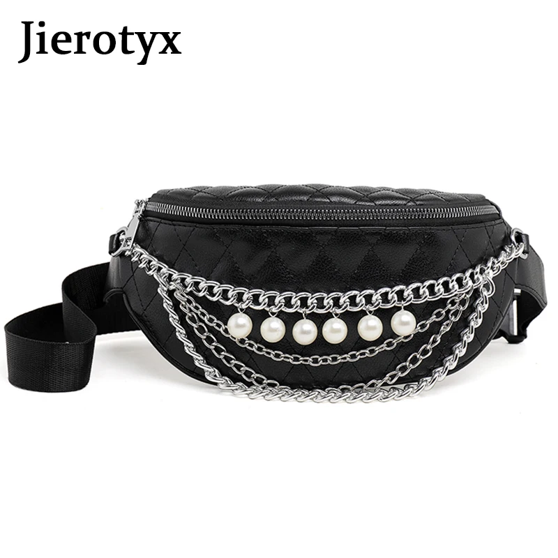 

JIEROTYX Drop Shipping Fashion Women's Waist Bag Belt Women Leather Pearl Chain Waist Packs Travel Fanny Pack Black Good Quality
