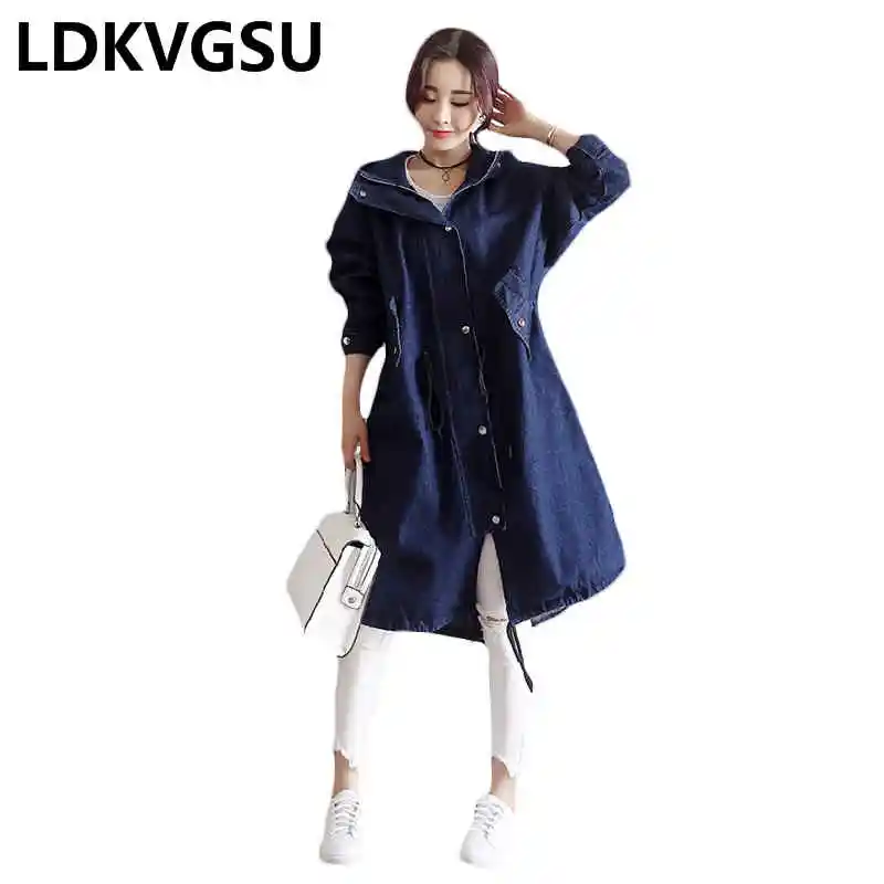 Spring Autumn Women Hooded Denim Trench New Korean Buttons and zippers Casual Loose Coat Female Long Denim Coat Is112