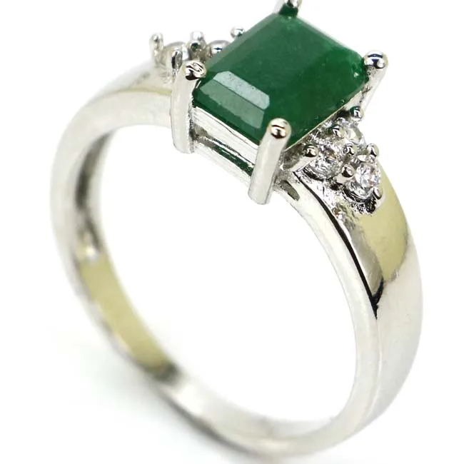 

Gorgeous Real Green Green Emerald, White CZ Ladies Present Silver Ring 10x6mm