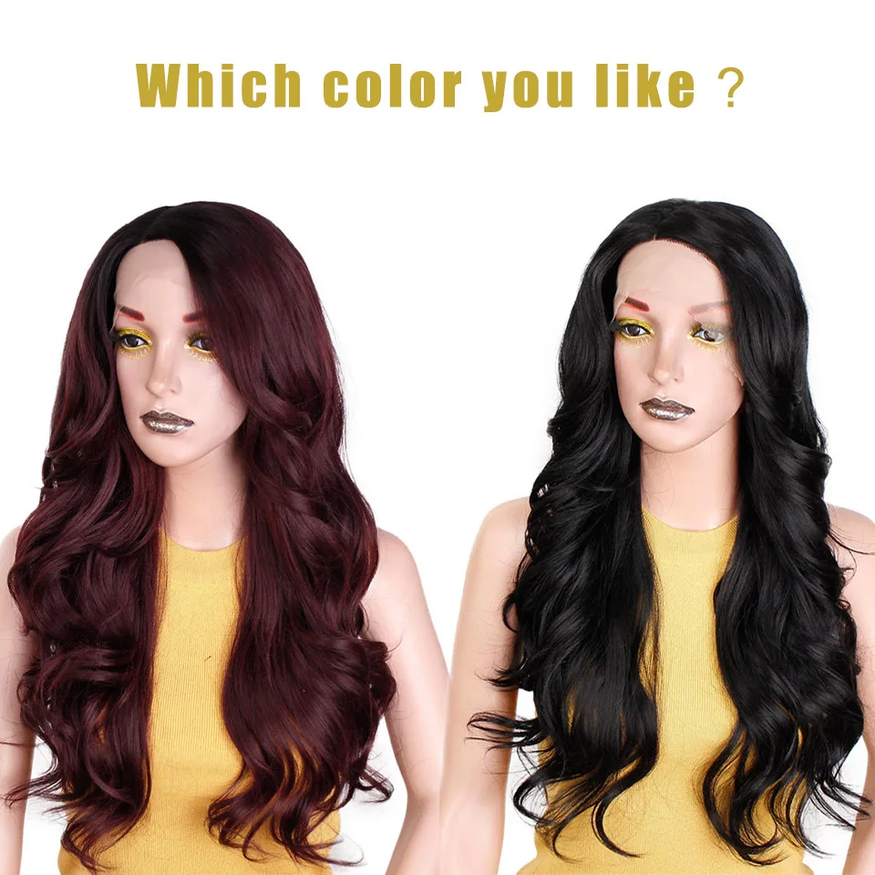 I's a wig 24 inch Ombre Dark Red Long Wavy Wig Perucas front lace Hair Synthetic Lace Wigs for Black Women Wave wig