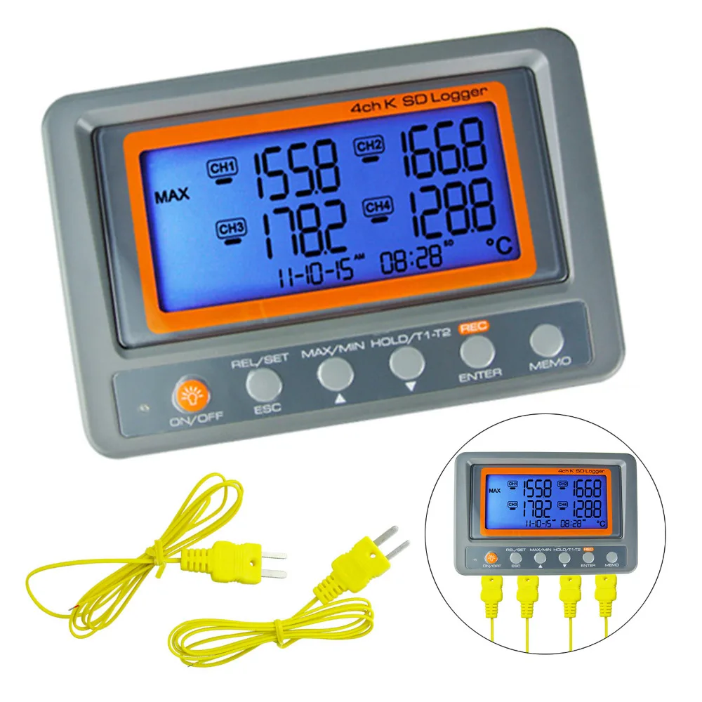 88598 Digital 4 Channel KType Thermocouple Thermometer 3282498 degree C/F SD Card Wallmount