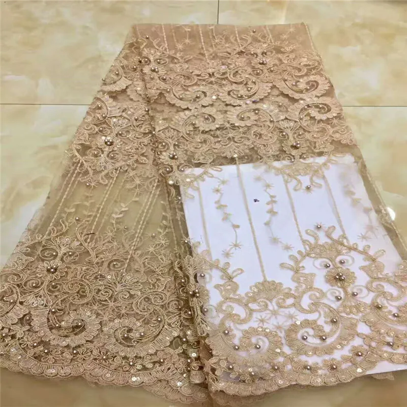 

New Arrival Gold African Embroidered Mesh Laces Beaded High Quality French Tulle Lace Fabric For Nigerian Wedding X937-8