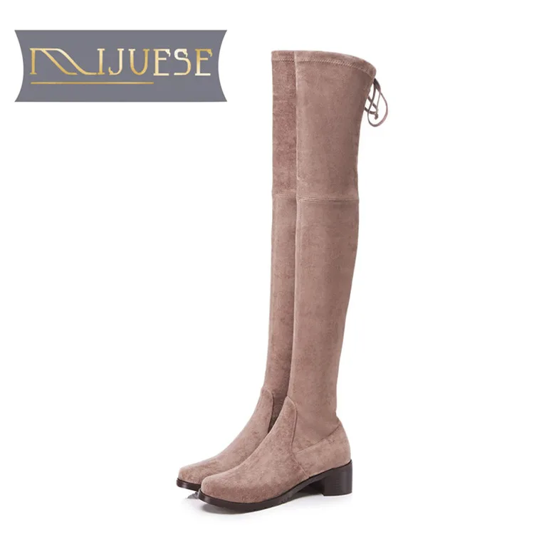 

MLJUESE 2019 women over the knee stretch fabric winter short plush lace up camel color high boots female boots size 33-41