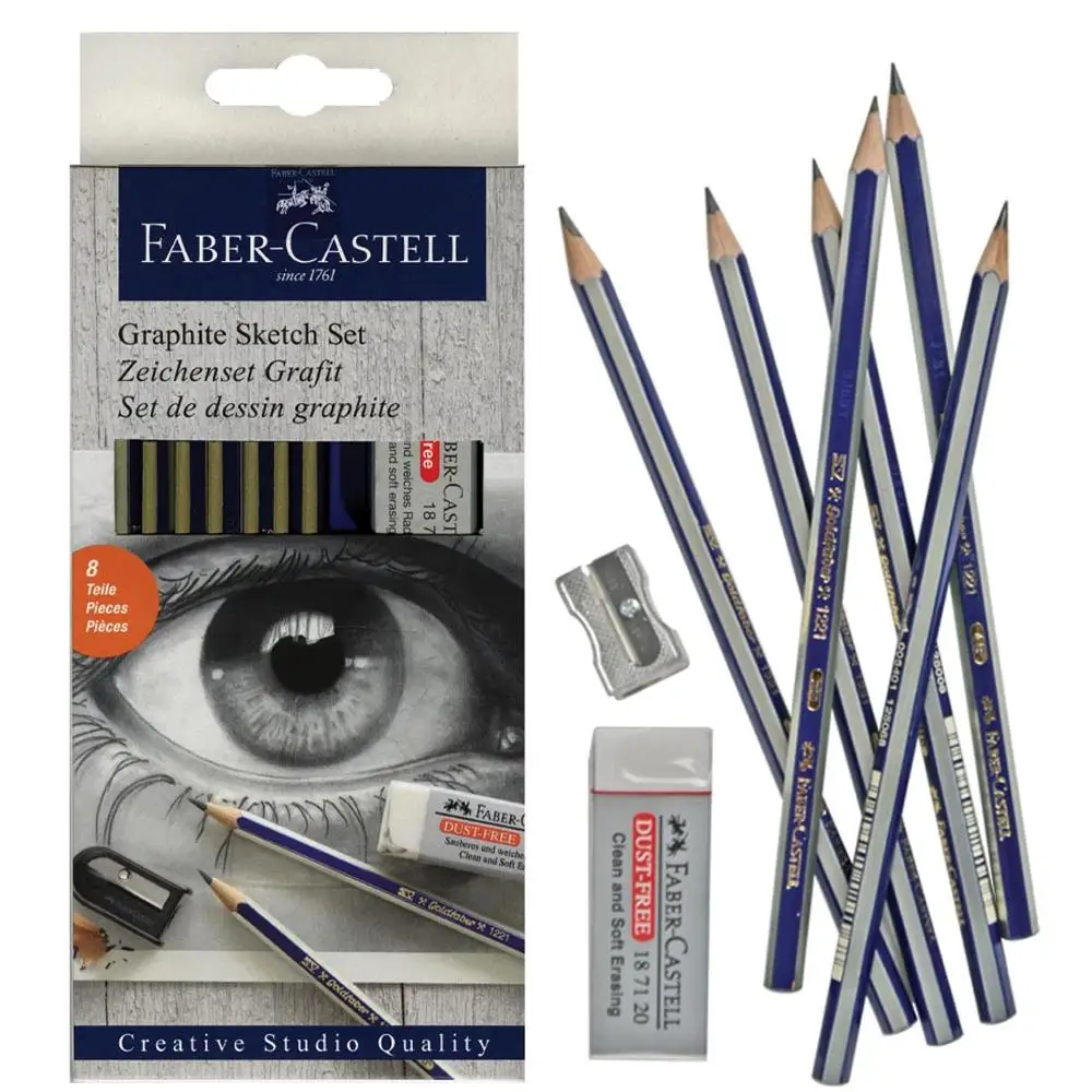 

Original Faber Castell Graphite Sketch Set 6 Pcs Pencils , Sharpener , Eraser , 2H , HB, B , 2B , 4B , 6B