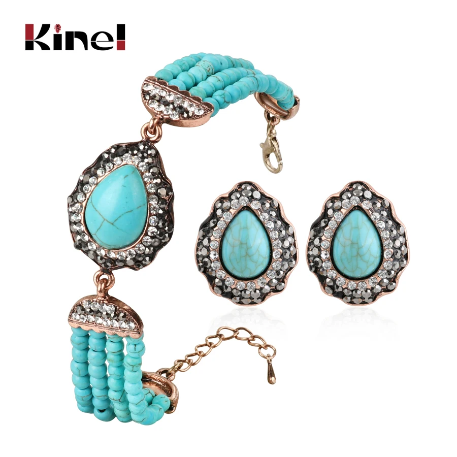 

Kinel Bohemia Jewelry Sets Beaded Handmade Stone Beads Bracelets And Earrings For Women Antique Gold Color Vintage Jewelry Gift
