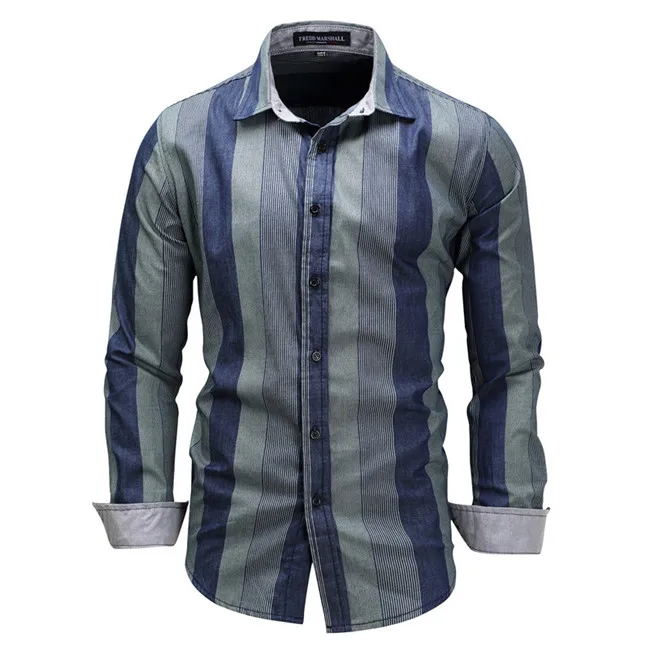 

Plus Size Cool Mens Shirt Stripped Blue Navy Long Sleeve Dress Shirts Casual Simple Solid Single Breasted Slim Fit N077